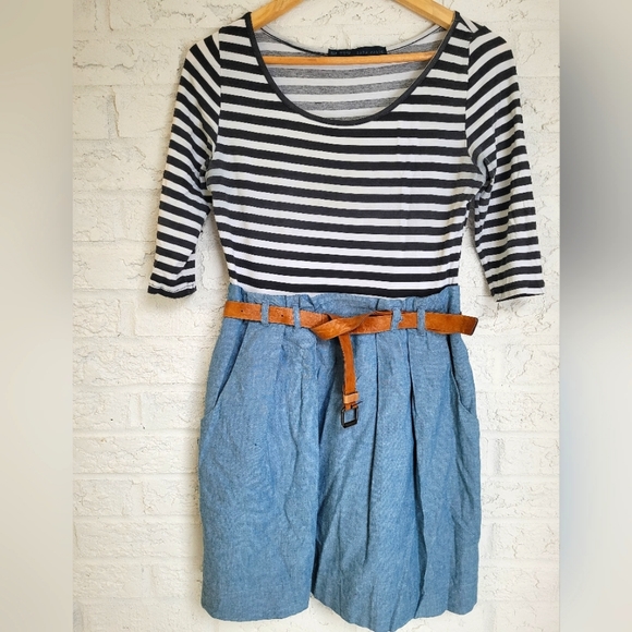 Denim & Striped Tee Dress, comes with Tan Belt. - Picture 1 of 9